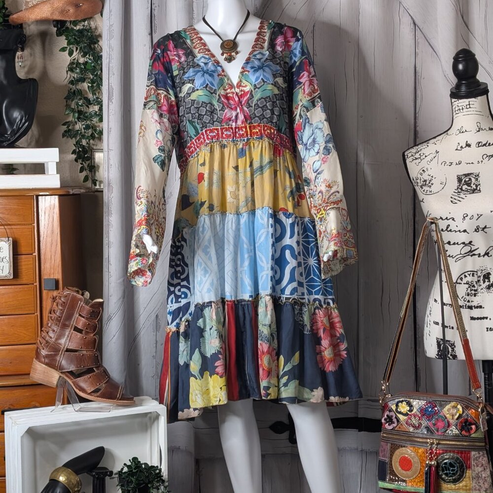 Johnny Was Dunas Patchwork Silk Dress SMALL NWOT - Picture 2 of 10